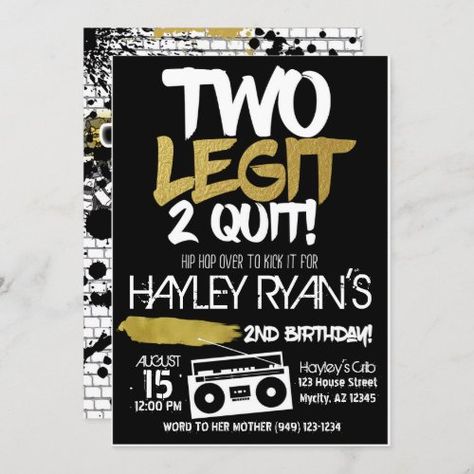 2Nd Birthday Two Legit Two Quit Hip Hop Invitation #zazzle #weddinginvitations #birthdayinvitations #babyshowerinvitations #zazzleinvitations #monogram #businesscards #graduation #homedecor 2nd Birthday Boys, Save The Date Wording, 80s Theme, Hip Hop Party, Birthday Boys, 2nd Birthday Invitations, Girl 2nd Birthday, Style Hip Hop, Hip Hop Outfits