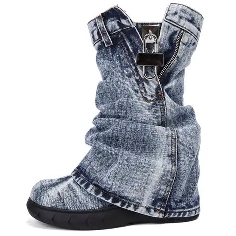 Faster shipping. Better service Unique Jeans, Boots Thick, Denim Boots, Platform Heels Chunky, Jeans Material, Wide Boots, Boots For Women, Western Cowboy, Sofa Covers