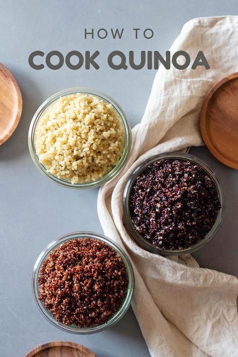 How to cook fluffy quinoa. The two fail-proof methods. White quinoa, red quinoa, and black quinoa, plus 5 healthy quinoa recipes. Red Quinoa Recipes, Cooking Quinoa, Black Quinoa, Fluffy Quinoa, Instant Pot Quinoa, Cook Quinoa, Quinoa Recipes Healthy, Glutenfree Recipe, White Quinoa