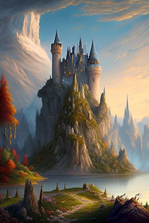 Hidden Fortress, Rocky Cliff, Cascading Waterfall, Mirela Anton, Lush Forest, Castle Tower, Castle Art, Dream Art, The Castle