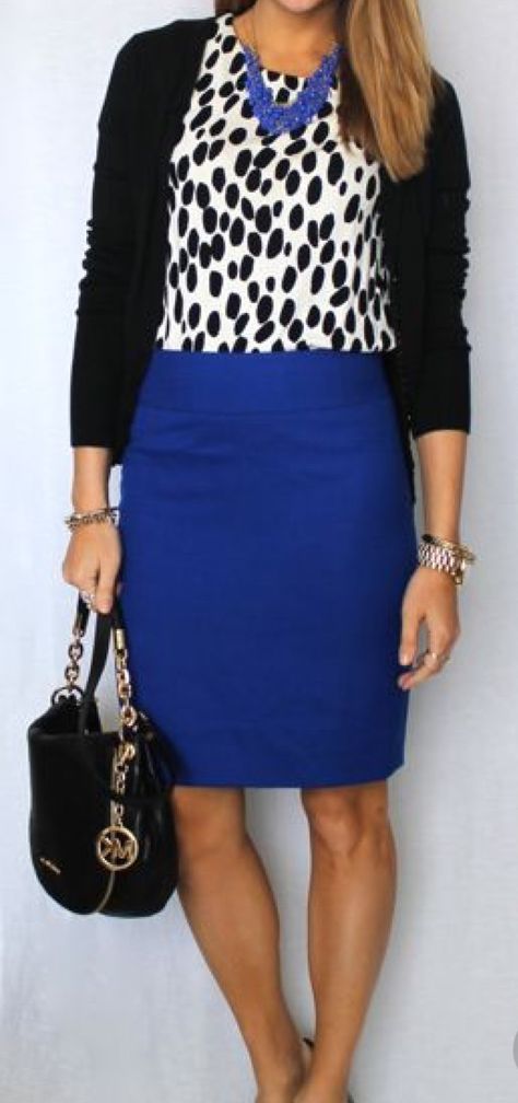 Royal Blue Pencil Skirt Outfit, Blue Pencil Skirt Outfit, Blue Blouse Outfit, Blouse Outfit Work, Blue Skirt Outfits, Pencil Skirt Outfit, Royal Blue Outfits, Royal Blue Skirts, Classy Fall Outfits