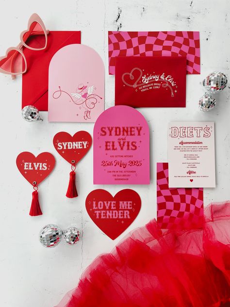 Pink And Red Party Aesthetic, Pink Red Branding, Modern Stationary Design, Red And Pink Party, Bright Colors Wedding, Pink And Red Party, Eclectic Wedding Invitations, Neon Graveyard, Red And Pink Wedding