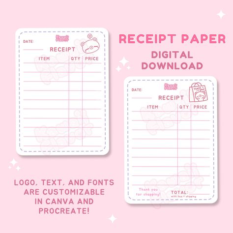 "Elevate your customer's shopping experience with this cute receipt paper! Your customer will love the special touch and this kawaii design will make our packaging even more appealing. *This is a digital download. CANVA: Logo, text, and fonts are customizable in Canva. Border, shopping bag, and Mr. Bear image is not customizable in but it can be replaced with other elements in Canva. You will need a Canva Pro account to export with a transparent background, otherwise you can use a round corner p Cute Receipt Template Free Printable, Cute Packaging Small Business, Cute Canva Graphics, Reciepts Design Aesthetic, Receipt Design Aesthetic, Cute Receipt Template, Cute Receipt, Cute Packaging Ideas For Business, Kawaii Template