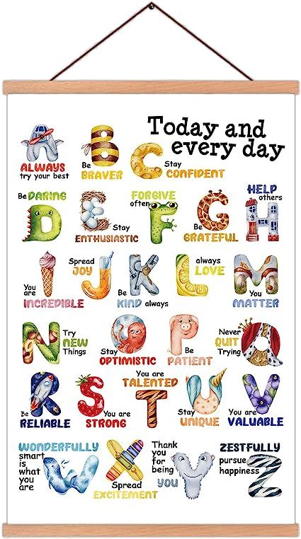 Amazon.com: KAIRNE Alphabet Letters Poster with Wood Magnetic Hanging Framed(35CMx56CM), ABC Learning Poster Alphabet Wall Art Positive Affirmations Gifts for Toddlers Kids Classroom Playroom Decor: Posters & Prints Diy Abc Wall Decor Classroom, Birthday Chart Classroom, Canadian Quilts, Birthday Chart, Abc Learning, Gifts For Toddlers, Learning Poster, Kindergarden Activities, Alphabet Wall Art