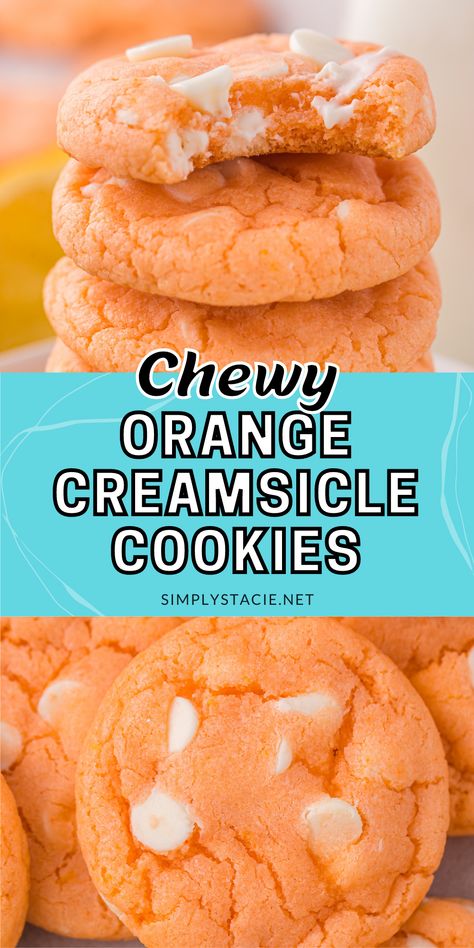 Two image collage of Orange Creamsicle Cookies. The first image is the orange creamsicle cookies stacked. The top cookie has a bite taken out of it. The second image is a closer shot of orange creamsicle cookies on a baking sheet. Orange Creamsicle Cookies, Creamsicle Cookies, Orange Cookies, Cake Mix Cookie Recipes, Orange Creamsicle, Easy Baking Recipes Desserts, Baked Dessert Recipes, Cake Mix Cookies, Fun Baking Recipes