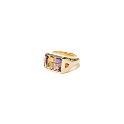 Emerald cut flush set ametrine in a custom 14k gold ring with citrine trillions on either side one of a kind size 8, can not be resized Grandma Rings, Celestial Armor, Orange Ring, Diamond Signet Ring, Horseshoe Necklace, Knot Stud Earrings, Ring Collection, Gem Ring, Citrine Ring