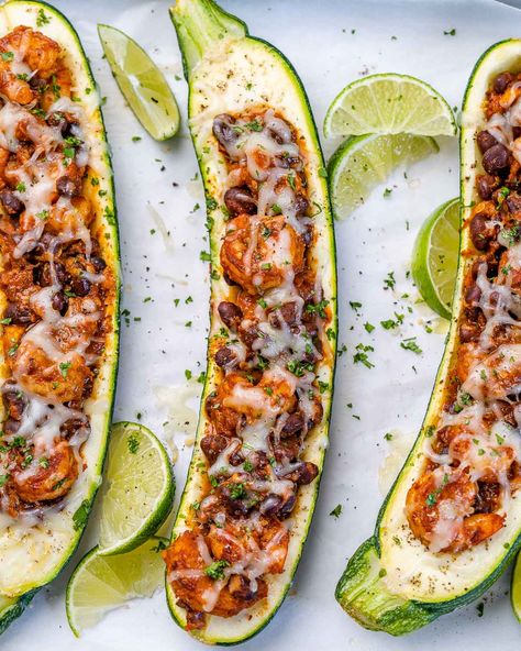 Shrimp Taco Zucchini Boats | Clean Food Crush Shrimp Stuffed Zucchini Boats, Zucchini Boats Shrimp, Shrimp Zucchini Boats, Ideas For Taco Tuesday, Simple Stuffing, Taco Zucchini Boats, Pumpkin Apple Pie, Taco Zucchini, Taco Stuffed Zucchini