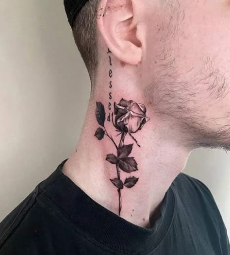 Rose Neck Tattoo Men, Rose Tattoo On Neck, Rose Neck Tattoo, Flower Neck Tattoo, Tattoo On Neck, Men Flower Tattoo, Little Rose Tattoos, Tattoos With Deep Meaning, Rose Tattoo Meaning