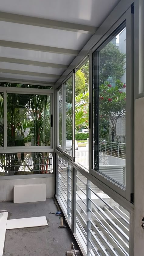 Balcony Closed Grill Design, Terrace Closed Ideas, Closing Balcony Ideas, Windows With Railing, Glass Closed Balcony Ideas, Aluminium Sliding Doors Balcony, Sliding Balcony Window, Balcony Sliding Door Ideas With Grill, Balcony Door With Grill