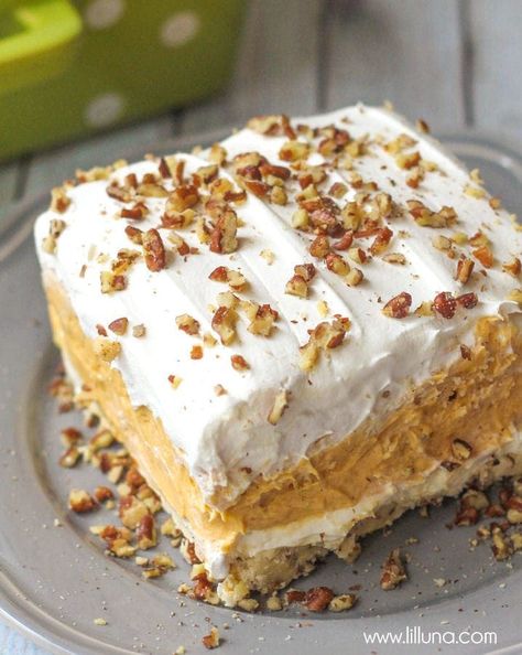 Tasty 4 layer pumpkin delight dessert starts with a crunchy pecan crust topped with creamy pumpkin, cream cheese, and whipped cream layers! Pumpkin Delight Dessert Recipe, Pumpkin Lasagna Dessert, Layered Pumpkin Dessert, Healthy Pumpkin Dessert, Delight Dessert, Pumpkin Lasagna, Pumpkin Delight, Pumpkin Pudding, Pumpkin Recipes Dessert