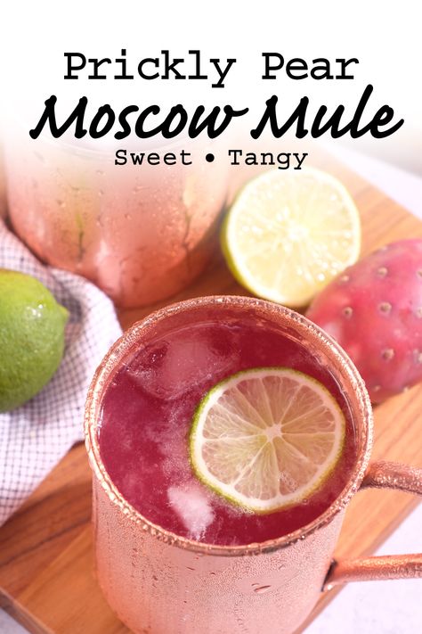 A sweet cocktail with a tangy ginger finish. This Prickly Pear Moscow Mule recipe hits all the right notes for a refreshing adult drink! #pricklypearcocktail #pricklypearmule #Moscowmulerecipe Mules Drinks Cocktail Recipes, Fun Moscow Mule Recipes, Prickly Pear Mule, Prickly Pear Drink Cocktails, Spring Moscow Mule Recipe, Pear Mule Recipe, Prickly Pear Moscow Mule, Pear Moscow Mule Recipe, Summer Moscow Mule