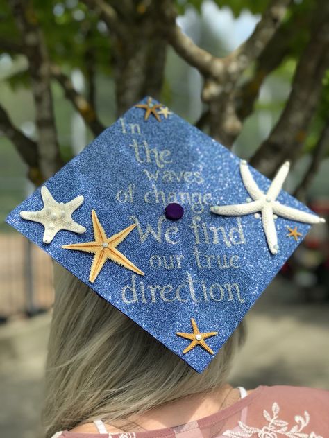 Cap ideas #waves #beach Beach Themed Graduation Cap, Marine Biology Graduation Cap, Beach Graduation Cap, Ocean Graduation Cap, Senior Caps, Creative Graduation Caps, Graduation Hats, College Grad Cap Ideas, Graduating College