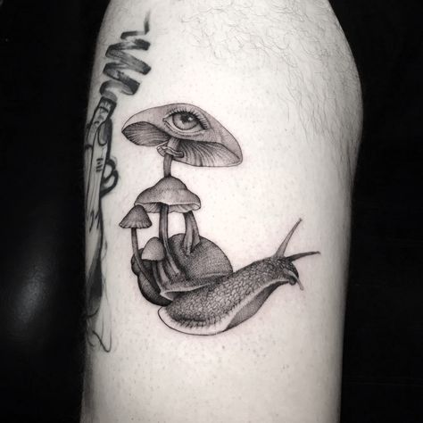 Small Black And Grey Realism Tattoos, Snail On Mushroom Tattoo, Dublin Tattoo, Back Tattoo For Women, Cat Skull Tattoo, Mushroom Snail, Snail Tattoo, Women Eyes, Tier Tattoo