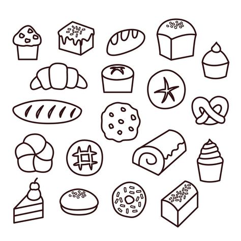 Collection of simple monochrome hand drawn elements for bakery Simple Food Drawings, Cute Images For Wallpaper, Hand Drawn Elements, Food Icon, Drawing Sheet, Sketch Books, Minimalist Drawing, Learning Graphic Design, Funny Illustration