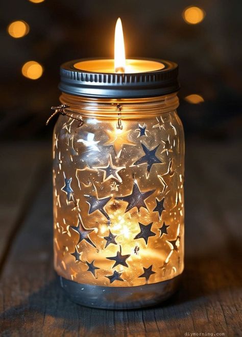 Mason Jar Tealight Candle Holder Diy, Diy Mason Jar Candle Holders, Old Mason Jar Ideas, Reuse Candle Jars Ideas, Jar With Lights, Jar Candle Holders, Mason Jar Night Light, Mason Jar Candle Holders, Mason Jar Lanterns