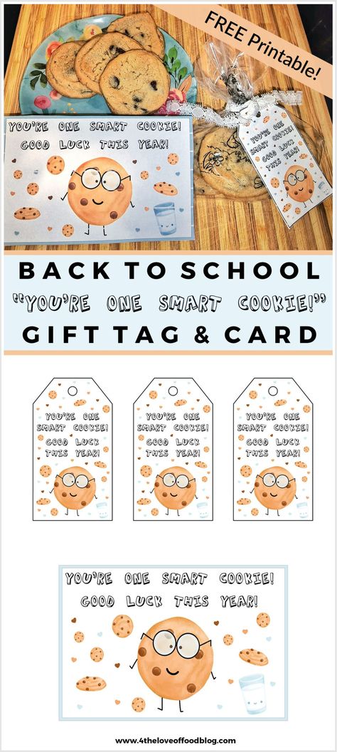 Looking for a gift to give your back to school kiddos on the first day of school? This set of Smart Cookie printable tags and cards is an easy gift idea that you can attach to a treat bag, gift basket or even add with a fresh baked cookie in a lunchbox! Gifts For First Day Of School, Back To School Treat Ideas, Welcome Back To School Treats For Kids, Smart Cookies, Cookie Sayings For Gifts, Back To School Treat Bags, Cookie Tags, Open House Treats For Students Free Printable, Back To School Treats For Kids First Day