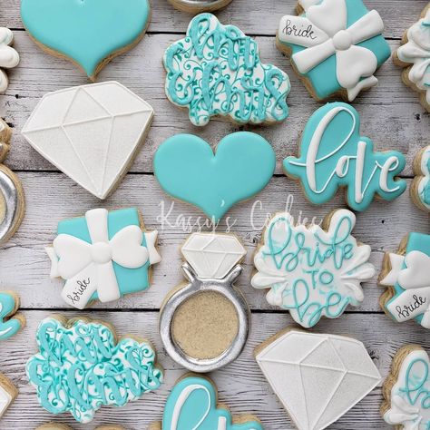 Tiffany And Co Bridal Shower Cookies, Tiffany Blue Cookies, Tiffany & Co Bridal Shower, Teal Cookies, Teal Bridal Shower Ideas, Teal Bridal Shower Decorations, Bridal Shower Breakfast At Tiffanys, Teal Bridal Shower, Bridal Shower Breakfast