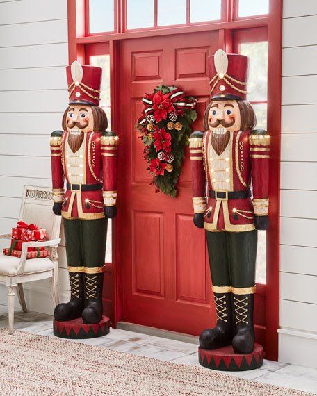 Horchow Holiday and Entertaining Sale! 25% Off Christmas Decor, Stockings, Ornaments, Dining Furniture and More! Porch Garland Ideas, Christmas Garland For Front Door, Front Porch Garland, Large Outdoor Christmas Ornaments, Porch Garland, Christmas Toy Soldiers, Soldier Christmas, Nutcracker Christmas Decorations, Christmas Soldiers