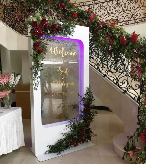 Waterfall/Floral wedding entrance Waterfall Entrance, Name Board Design, Wedding Entrance Sign, Wedding Welcome Board, Waterfall Wedding, Welcome Design, Waterfall Wall, Welcome Boards, Water Wedding