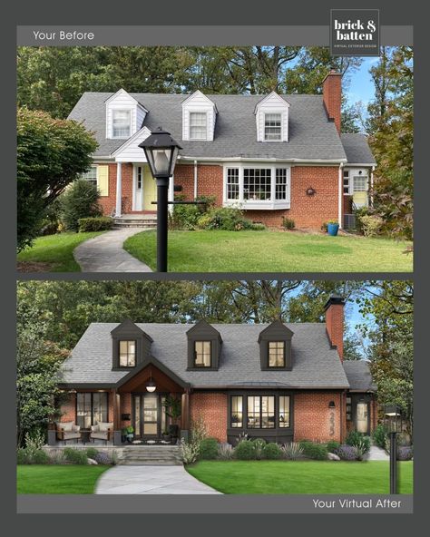 brick&batten on Instagram: “This Cape Cod style red brick home got a major facelift without painting the brick. Our designers recommended painting the siding around…” How To Update Red Brick Exterior, Front Door Ideas Red Brick House, Red Brick Exterior Makeover, Red Brick House Front Porch, Red Brick Ranch Exterior, Bay Window Exterior Ideas, Modern Cape Cod House, Flip Homes, Modern Cape Cod