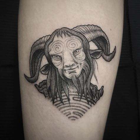 Pan's Labyrinth Tattoo by @suflanda Pan's Labyrinth Tattoos, Faun Tattoo, Pan's Labyrinth Tattoo, Labyrinth Tattoo, Pan's Labyrinth, Ancient Tattoo, Movie Tattoos, Inspiration Tattoos, Creepy Tattoos