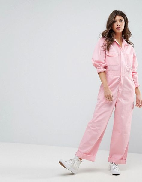 Pink Jumpsuits Outfit, Shop Uniform, Ootd Work, Bob Cat, Spa Uniform, Moda Denim, Coverall Jumpsuit, V Dress, Boiler Suit