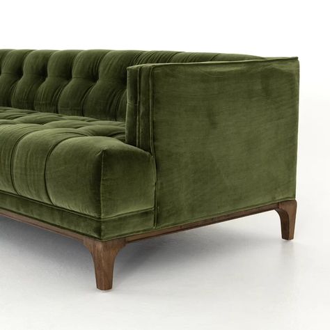 Green Velvet Tufted Sofa, Green Velvet Couch, Olive Sofa, King Room, Tufted Sectional, Basement Fireplace, Velvet Tufted Sofa, Cozy Furniture, Green Book