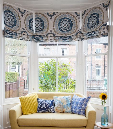 Bay window ideas: ways to dress bays with blinds, curtains and shutters Bay Window Roman Shades, Bay Windows Ideas, Bay Window Curtains Living Room, Bay Window Curtain Ideas, Bay Window Dressing, Victorian Bay Window, Shutters With Curtains, Bay Window Blinds, Box Bay Window