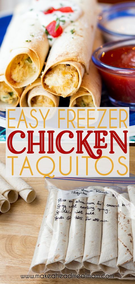 Collage of photos showing finished Chicken Taquitos above, and below some chicken taquitos packaged for the freezer. Recipes Quesadillas, Chicken Bacon Ranch Taquitos, Individual Freezer Meals, Bulk Meals, Pregnancy Freezer Meals, Meal Subscription, Freezer Lunches, Freezer Prep, Chicken Freezer