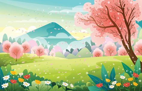 Cherry Blossom in the Spring Season Landscape Blank Id Cards, Cherry Blossom Vector, Spring Cartoon, Spring Illustration, Vector Art Design, Spring Landscape, Cartoon Background, Home Decorating Ideas, Landscape Poster