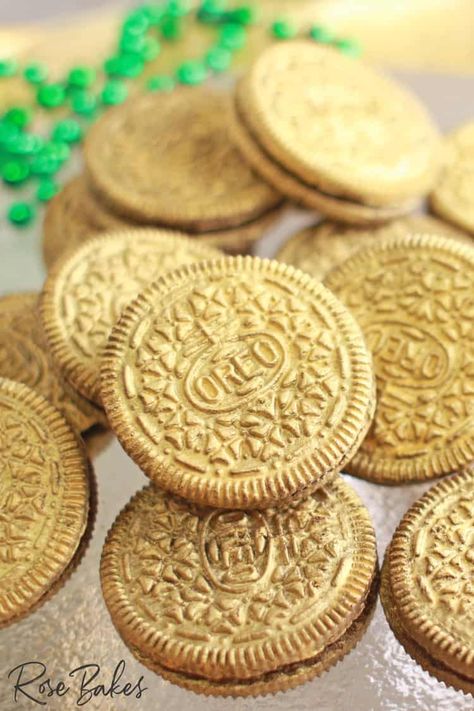 Golden Oreo Cookie Recipes, Recipes With Golden Oreos, Gold Oreo Cookies, Edible Gold Desserts, Gold Oreos, Loaded Baked Potato Bites, St. Patrick’s Day Chocolate Covered Oreos, Cake Supply Store, Gold Theme Party