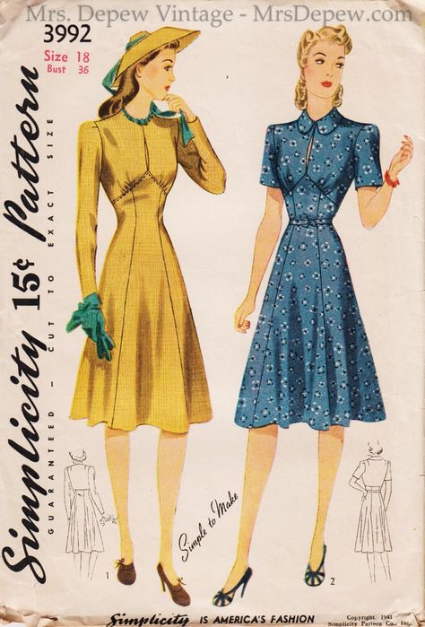 Original Vintage Sewing Pattern Simplicity 3992 Ladies' Tailored Dress 1940s 36 Bust from Mrs. Depew Vintage. 1940s Dress Pattern, 1940s Fashion Women, 1940s Women, 1940s Woman, Simplicity Dress, High Waist Dress, Paper Sewing Patterns, Vintage Dress Patterns, Couture Vintage