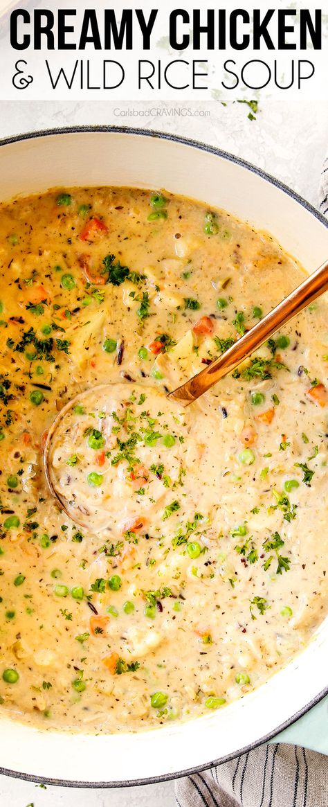 Dutch Oven Soup, Creamy Chicken And Wild Rice, Chicken And Wild Rice Soup, Chicken Wild Rice Soup, Creamy Chicken And Rice, Rice Soup Recipes, Carlsbad Cravings, Chicken And Wild Rice, Rice Chicken