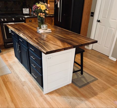 Butcher Block Counter Tops With Black Cabinets, Black Island With Butcher Block Top, Kitchen Island Without Seating, Butcher Block Bar Top, Kitchen Island Remodel, Easy Diy Kitchen Island, Island With Butcher Block Top, Butcher Block Bar, Kitchen Island With Butcher Block Top