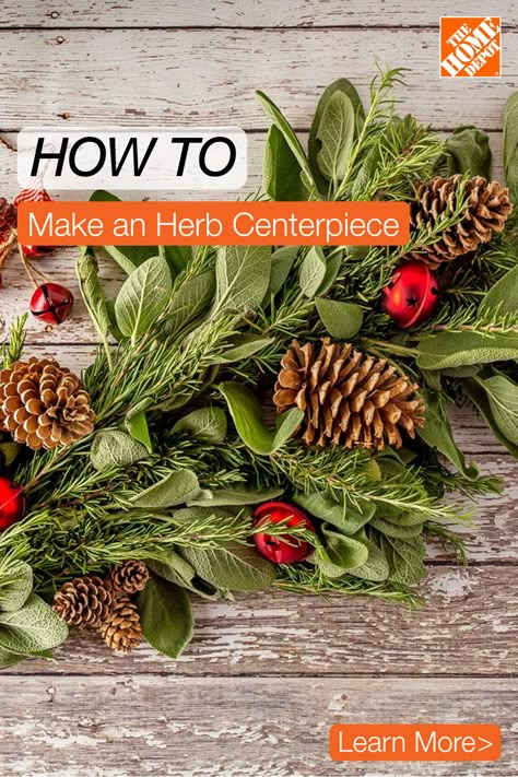 Fresh herbs are for more than just cooking. Fresh herbs are a wonderful, natural crafting medium that can be used to make flower arrangements, wreaths, garlands and table centerpieces for Christmas and other occasions. The Home Depot is here to help you with this easy holiday DIY. Tap to learn more. Center Piece For Dining Room Table Evergreens, Fresh Evergreen Centerpieces, Evergreen And Pinecone Centerpiece, Winter Centerpieces For Table Pine Cones, Christmas Rustic Woodland Table Setting, Herb Centerpieces, Easy Holiday Diy, Christmas Decorations Centerpiece, Round Table Decor