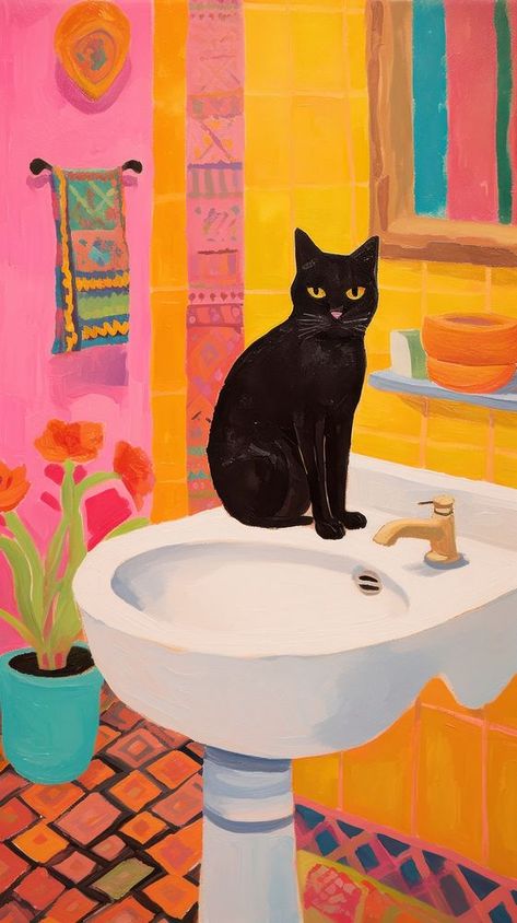 Black cat in a red bathroom animal mammal basin. | premium image by rawpixel.com / Tanat Chittirungsan Cat Tucked In Bed, Black Cat Illustration Cute, Trippy Cat Art, Black Cat Art Illustration, Black Scottish Fold Cat, Mobile Wallpaper Black, Black Scottish Fold, Cat Art Wallpaper, Cats Art Illustration