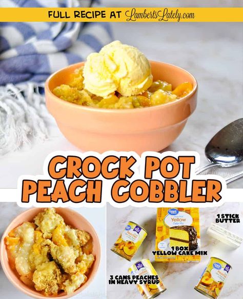 This easy Crock Pot Peach Cobbler only has 3 ingredients and is made with cake mix. It's ready in a slow cooker in about 3 hours and gives the feel of homemade (without the work). Crock Pot Peach Cobbler, Dump Cake Crockpot, Cake Mix Peach Cobbler, Crockpot Peach Cobbler, Quick Crockpot Meals, Peach Cake Recipes, Peach Cobbler Ingredients, Yellow Butter Cake, Peach Dump Cake