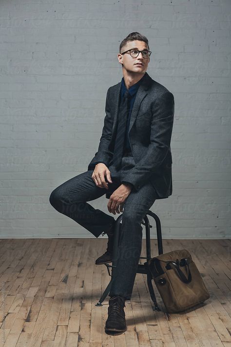 Person Sitting On Stool, Sitting Pose Reference, Well Dressed Man, Model Headshots, Male Models Poses, Sketch Poses, Studio Poses, Suit Shirt, Senior Pictures Boys