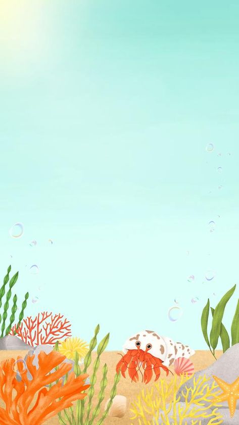 Hermit Crab Wallpaper, Sea Cartoon Background, Crab Aesthetic, Crab Underwater, Cute Hermit Crab, Iphone Cute Wallpaper, Sea Cartoon, Under Sea, Aesthetic Wallpaper Iphone