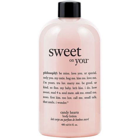 philosophy 'sweet on you' candy hearts body lotion (€21) ❤ liked on Polyvore featuring beauty products, bath & body products, body moisturizers, fillers, makeup, beauty, pink fillers, women and body moisturizer Philosophy Products, Body Moisturizers, Pink Body, Bath And Body Care, Heart Candy, Body Moisturizer, Body Skin, Shower Gel, Body Skin Care