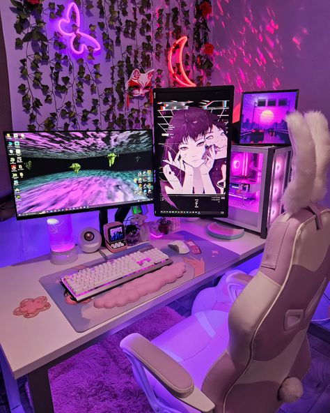 Setup today 👾✨️ Have a great weekend friends! Are you guys doing anything exciting? 👀 ��🌸 Partners: @doreen.pinkgaming ☁️ @talesofamanda 🌿 @cozyfrappie . . . . #gamingsetup #pcgaming #gamingpc #deskgoals #pcsetup #pcmasterrace #pcbuild #pcgamer #desksetup #girlgamer #gamergirl #cozygamer #desktour #deskdecor #deskorganization #deskstyling #minecraft #minecraftbuilds #cozygamingcommunity #cyberpunk #cyberpunkaesthetic #cybercore Desk goals, desk setup, anime room, gaming pc, desk organization,... Streaming Setup Ideas Aesthetic, Cybercore Desk, Pc Set Up, Aesthetic Gaming Room, Couple Gaming Room Setup, Room Gaming, Small Game Rooms, Gaming Desk Setup, Streaming Setup