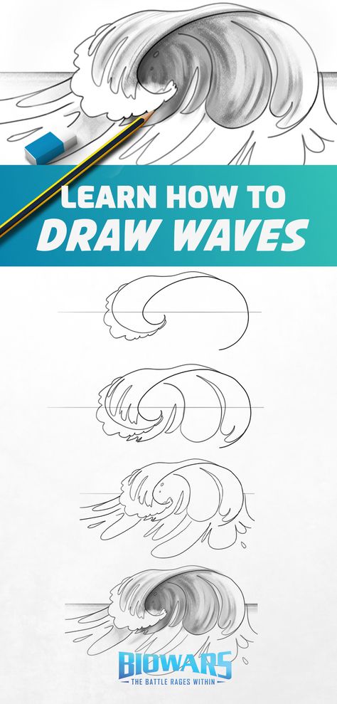 A collage of images depicting hte process of wave drawing. Ocean Waves Drawing Pencil, Wave Sketch Pencil, Drawing Waves Ocean, How To Draw The Ocean Step By Step, How To Draw Waves Step By Step, How To Draw Ocean Waves, Water Wave Drawing, How To Draw The Ocean, How To Draw Waves Easy