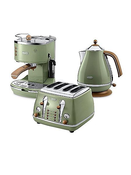 This is gorgeous, might prefer this to the black Green Kitchen Appliances Aesthetic, Retro Coffee Machine, Retro Espresso Machine Green, Vintage Espresso Machine Green, Green Toaster, Sage Green Kitchen, Kettle And Toaster, Living Room Partition Design, Room Partition Designs