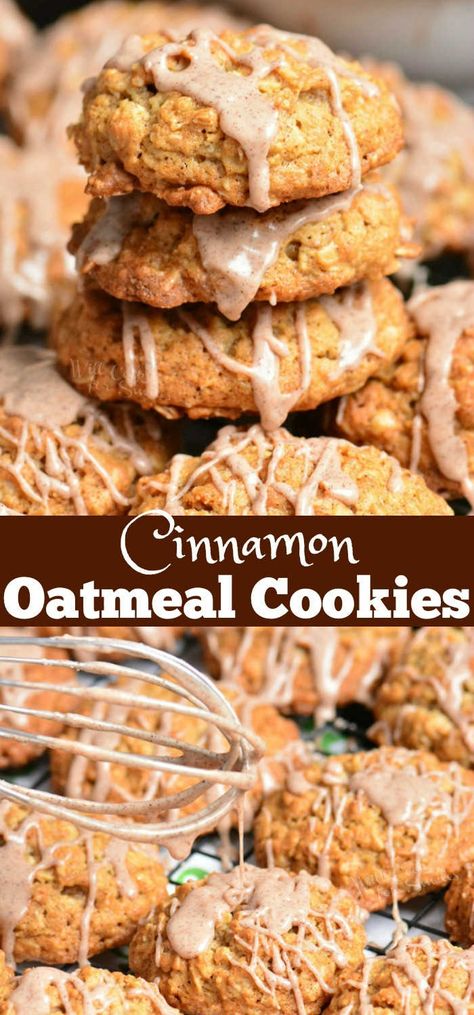 Cinnamon Oatmeal Cookies are soft, chewy, and delicious. This oatmeal cookie recipe is made with old fashioned oats and flavored with cinnamon and cinnamon glaze on top. #cookies #oatmealcookie #oat #glazed #cinnamon #dessert Cinnamon Oatmeal Cookies, Oatmeal Cookie Recipe, Cinnamon Glaze, Old Fashioned Oats, Caramel Pretzels, Oatmeal Cookies Chewy, Cinnamon Oatmeal, Cinnamon Cookies, Unique Cookies