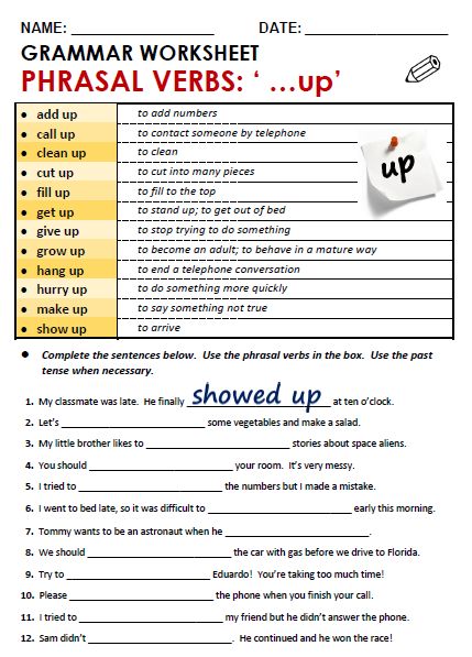 Phrasal Verbs with 'Up' - All Things Grammar Phrasal Verbs With Up, English Grammar Test, English Grammar Exercises, English Grammar Rules, English Teaching Materials, Grammar Exercises, English Worksheet, English Exercises, Verb Worksheets