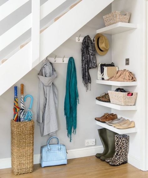 Closet Under The Stairs, Hallway Shelving, Space Saving Ideas For Home, Under Stairs Nook, Under Stair Storage, Under Stairs Storage Solutions, Room Under Stairs, Stair Nook, Closet Under Stairs