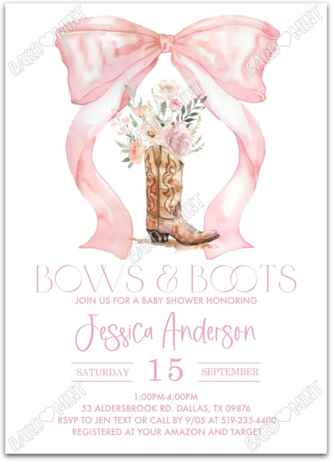 Boots And Bows Baby Shower, Boots And Bows Baby Shower Ideas, Baby Shower Bow Theme, Pretty In Pink Baby Shower Ideas, Bow Baby Shower Theme Girl, Princess Theme Baby Shower Ideas, Pink Bow Baby Shower Theme, Bow Baby Shower Theme, Pink Invite