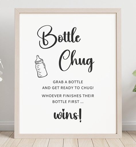 With the Bottle Chug Sign Printable, you'll add a fun and memorable activity that's sure to bring laughter and entertainment to the guests. Simply download, print, and enjoy! Huggies And Chuggies Party Games, Baby Shower Drinking Games, Bottle Chug Game, Find The Guest Baby Shower Game, Bottle Chugging Baby Shower Game, Bottle Baby Shower Game, Bottle Chug Baby Shower Game, Bottle Chug, Pink Pumpkin Baby Shower