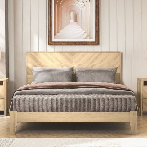 Interior Design Inspo Queen Bed Frame With Headboard, Light Wood Bed, Bed Frame Queen, Platform Bed With Headboard, Natural Bedroom, Bed Stand, Modern Headboard, Bed With Headboard, Bed Frame With Headboard