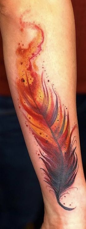 Burning Phoenix Feather Tattoo, Harry Potter Tattoos Phoenix Art, Fire Feather Tattoo, Pheonix Feather Tattoos, Fire Wings Tattoo, Phoenix Feather Tattoo Feminine, Red Feather Tattoo, Fawkes Tattoo, Phoenix Arm Tattoo